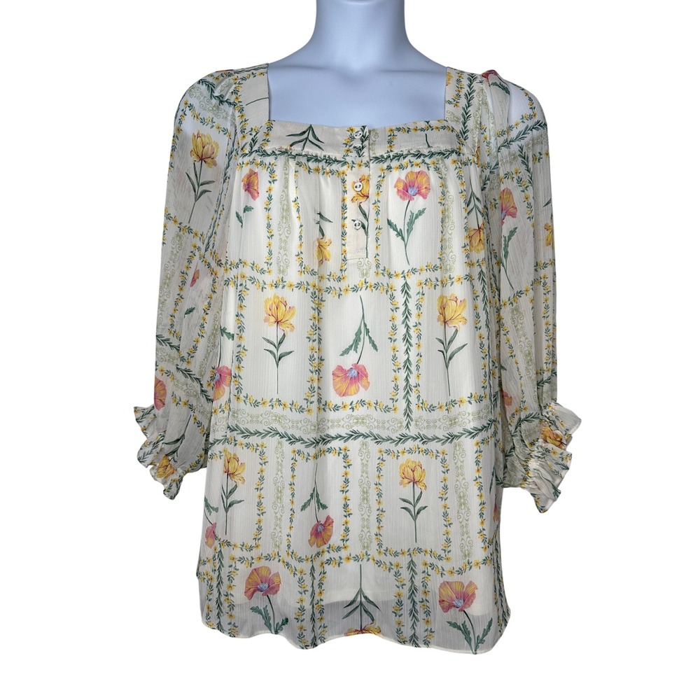 LC Lauren Conrad Top Size 2X Cream Floral Square Neck 3/4 Sleeve Chiffon Boho